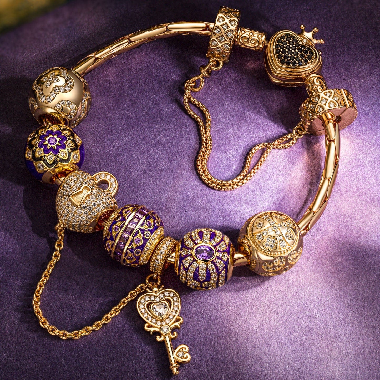 Sterling Silver Heartfelt Blossom Charms Bracelet Set With Enamel In 14K Gold Plated