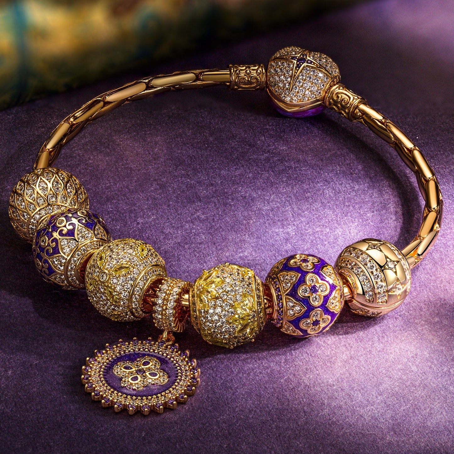 Sterling Silver Royal Purple Charms Bracelet Set With Enamel In 14K Gold Plated