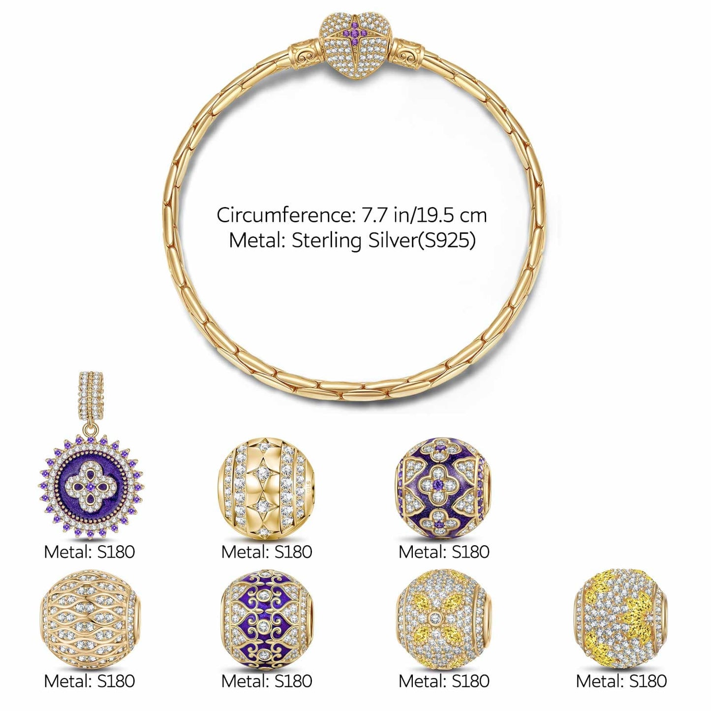 Sterling Silver Royal Purple Charms Bracelet Set With Enamel In 14K Gold Plated