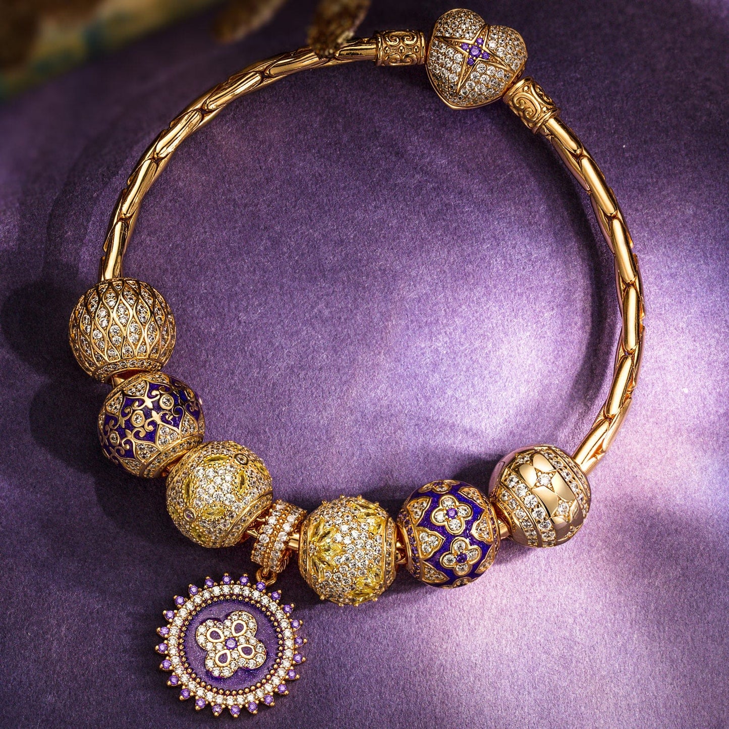 Sterling Silver Royal Purple Charms Bracelet Set With Enamel In 14K Gold Plated