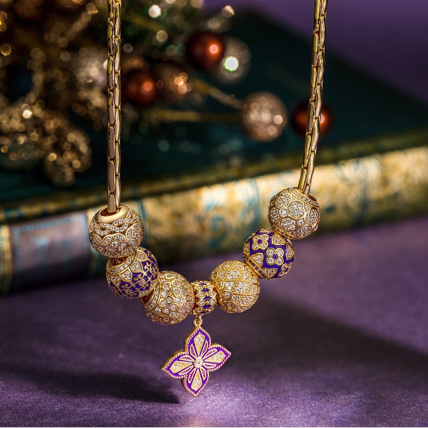 Sterling Silver Clover Dance Charms Necklace Set With Enamel In 14K Gold Plated