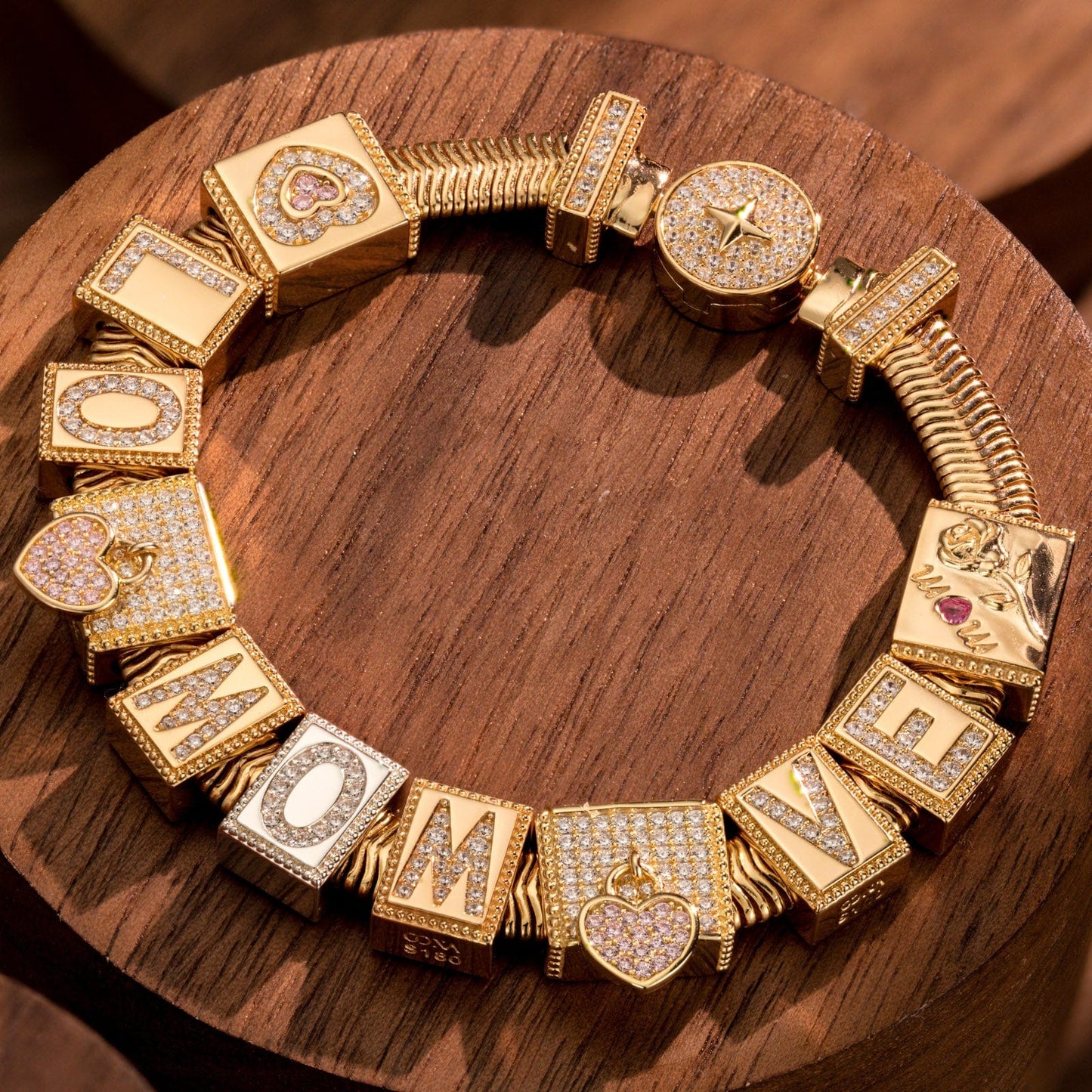 Sterling Silver To My Dearest Mom Rectangular Charms Bracelet Set In 14K Gold Plated