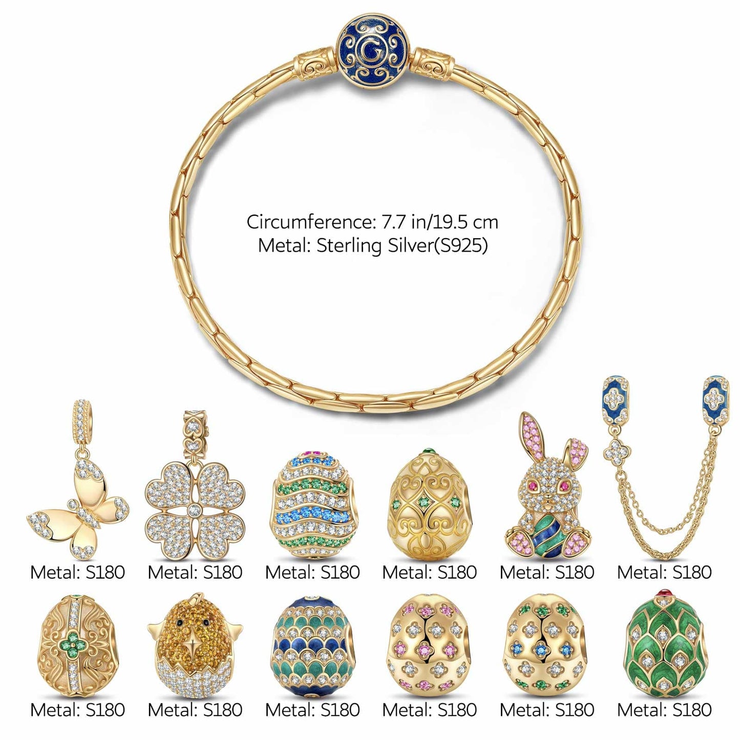 Sterling Silver Resurrection Revelry Easter Eggs Charms Bracelet Set With Enamel In 14K Gold Plated