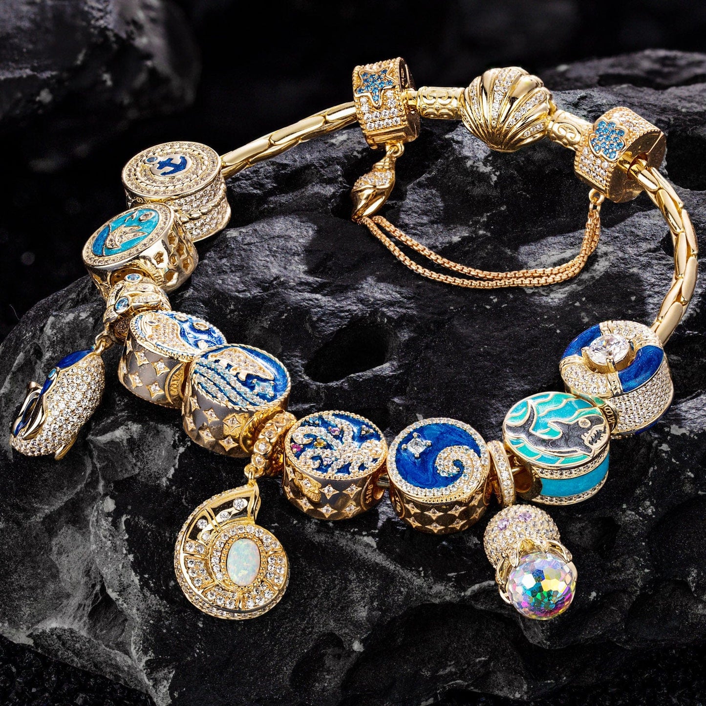 Sterling Silver Treasures of the Ocean Charms Bracelet Set With Enamel In 14K Gold Plated