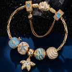 Sterling Silver Sea Star Gliding Charms Bracelet Set With Enamel In 14K Gold Plated