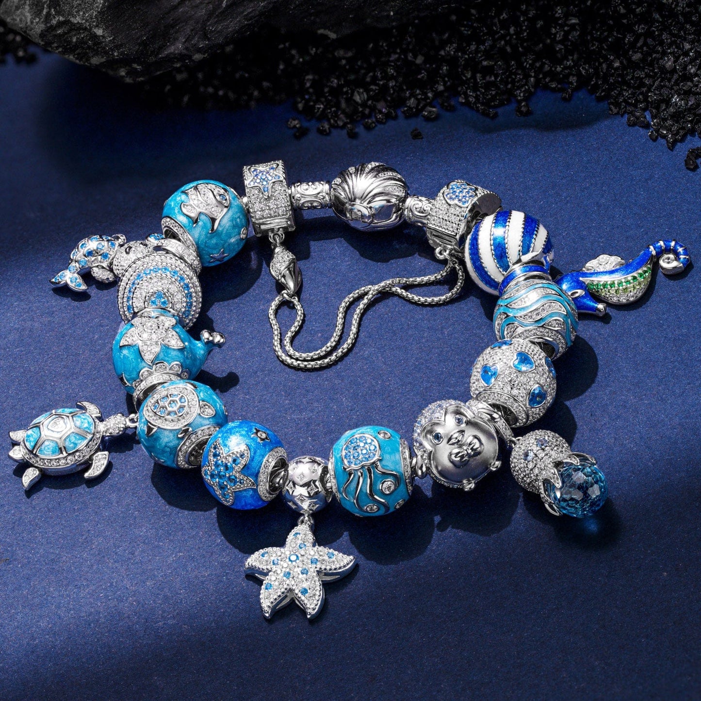 Sterling Silver Marine Life Wonders Charms Bracelet Set With Enamel In White Gold Plated