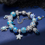 Sterling Silver Marine Life Wonders Charms Bracelet Set With Enamel In White Gold Plated