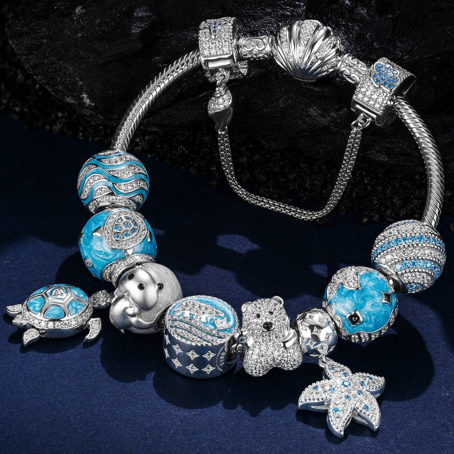 Sterling Silver Return to Nature's Bounty Charms Bracelet Set With Enamel In White Gold Plated