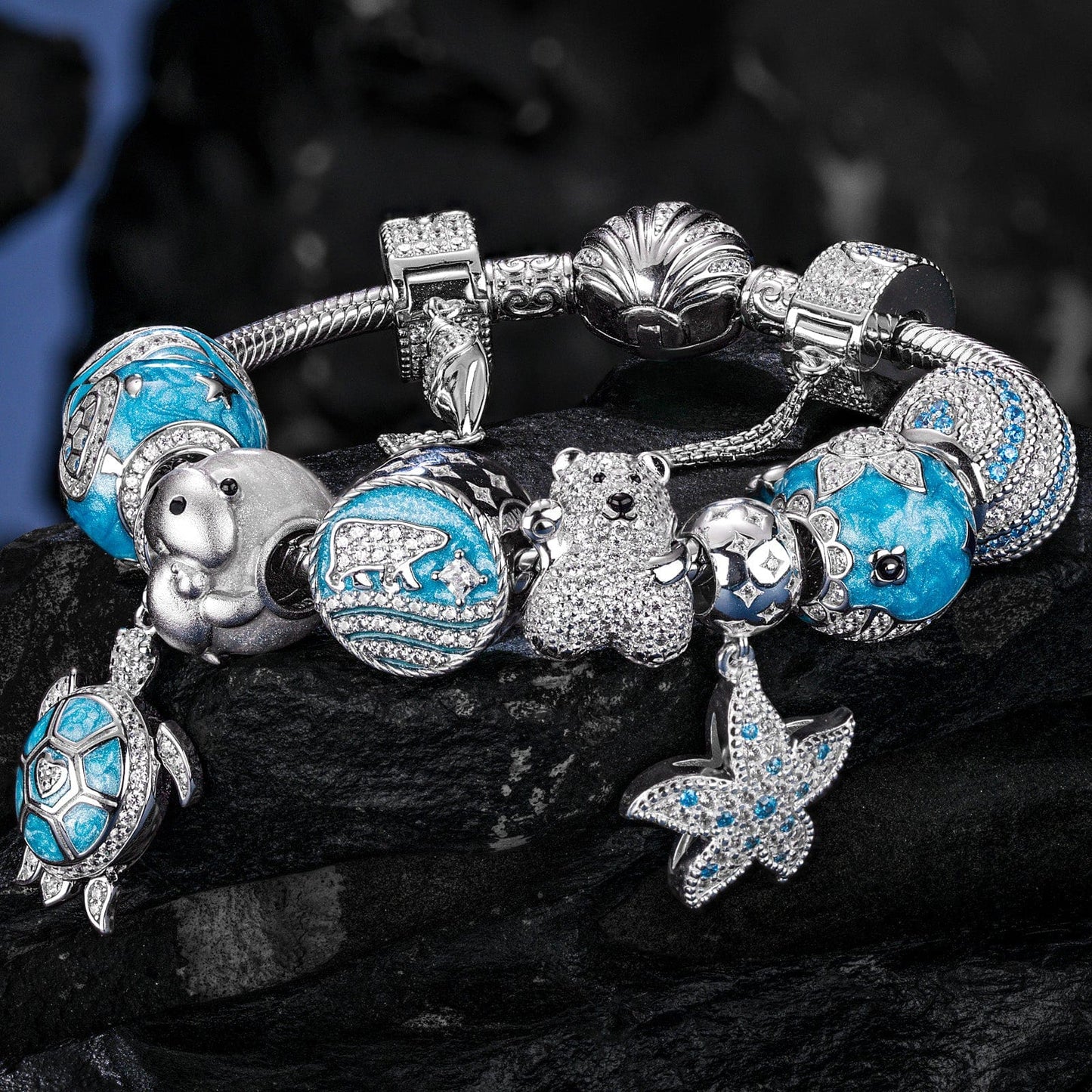 Sterling Silver Return to Nature's Bounty Charms Bracelet Set With Enamel In White Gold Plated