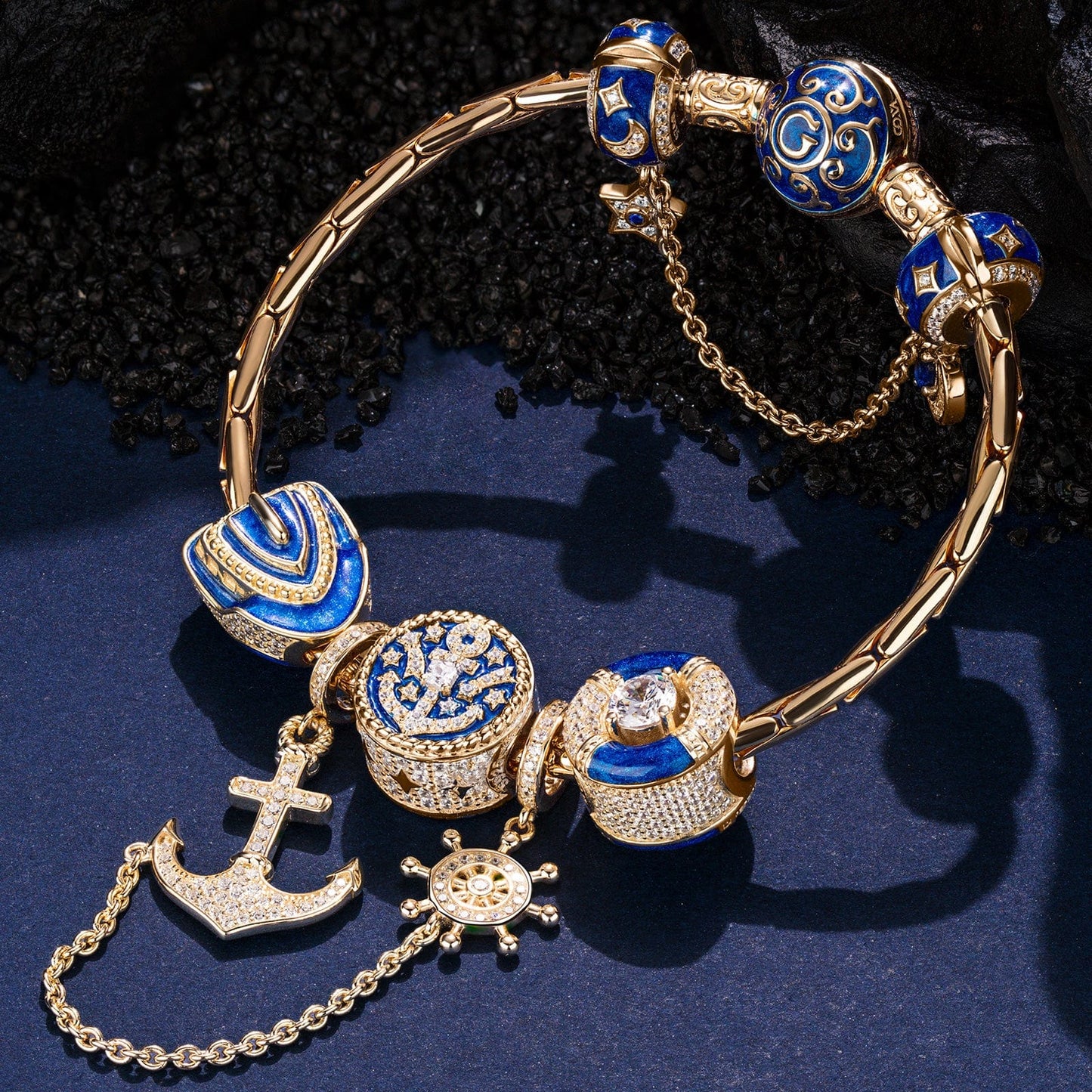 Sterling Silver Seafaring Journey Charms Bracelet Set With Enamel In 14K Gold Plated