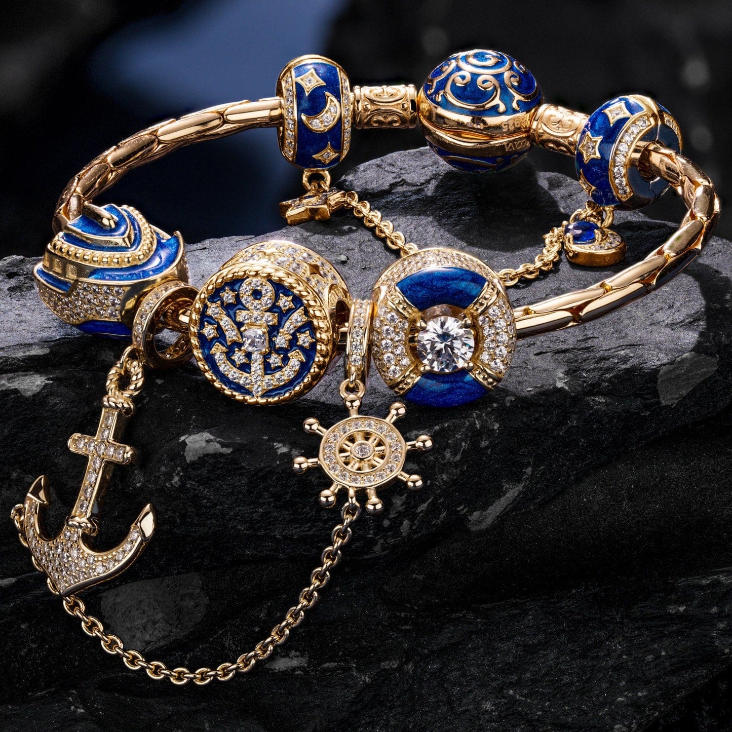 Sterling Silver Seafaring Journey Charms Bracelet Set With Enamel In 14K Gold Plated