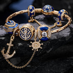 Sterling Silver Seafaring Journey Charms Bracelet Set With Enamel In 14K Gold Plated
