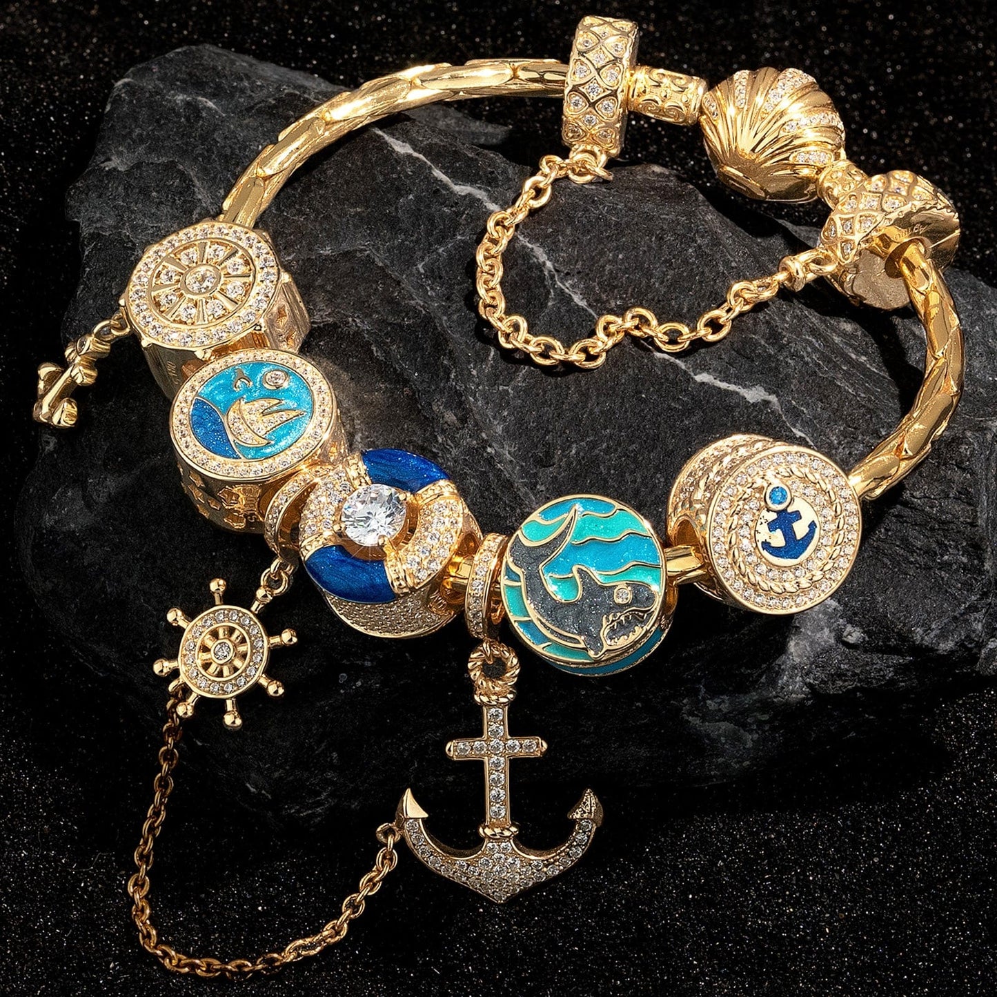 Sterling Silver Ocean Adventure Charms Bracelet Set With Enamel In 14K Gold Plated