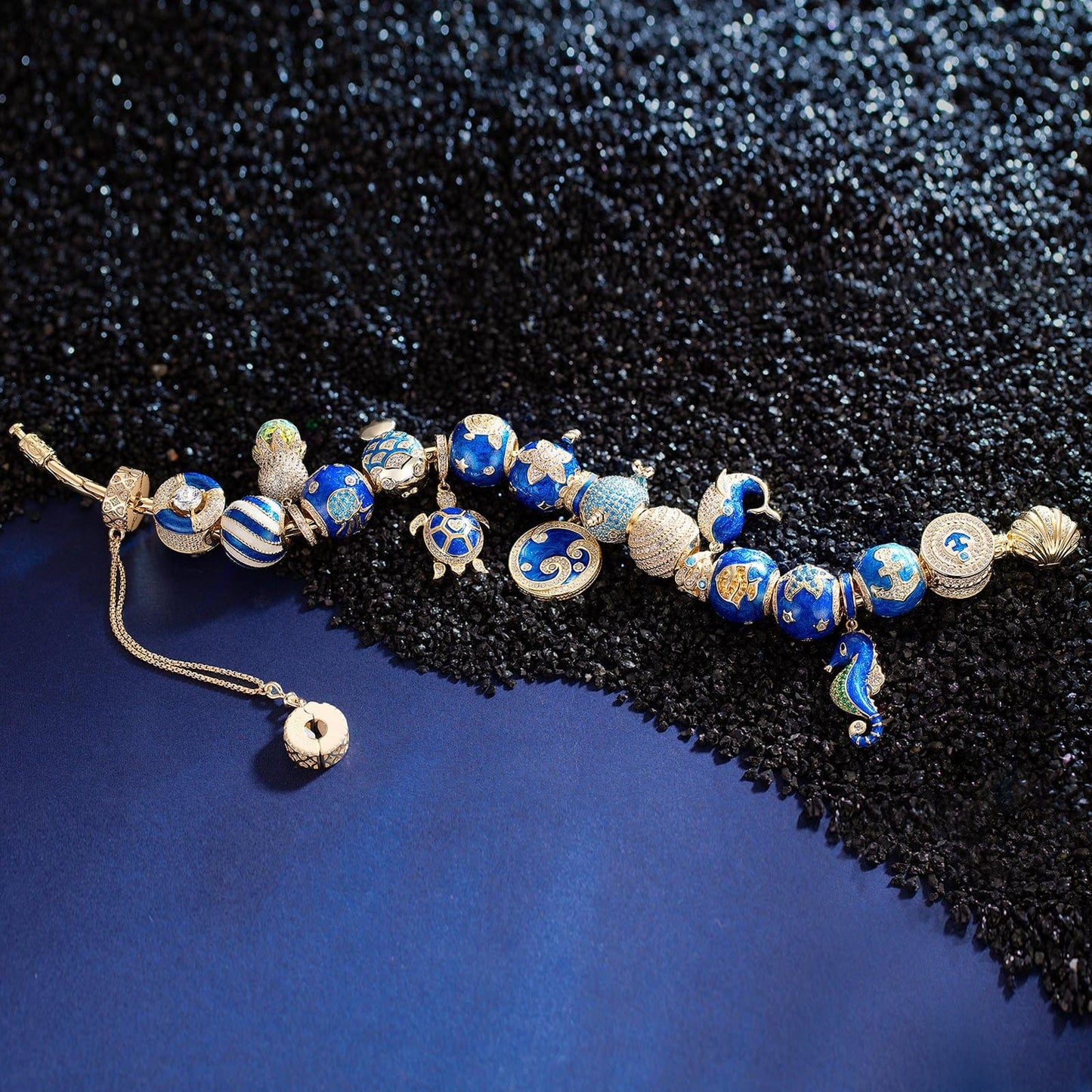 Sterling Silver Exploring the Underwater World Charms Bracelet Set With Enamel In 14K Gold Plated