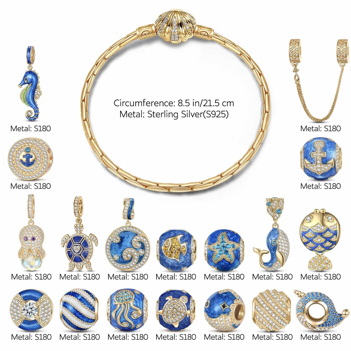 Sterling Silver Exploring the Underwater World Charms Bracelet Set With Enamel In 14K Gold Plated