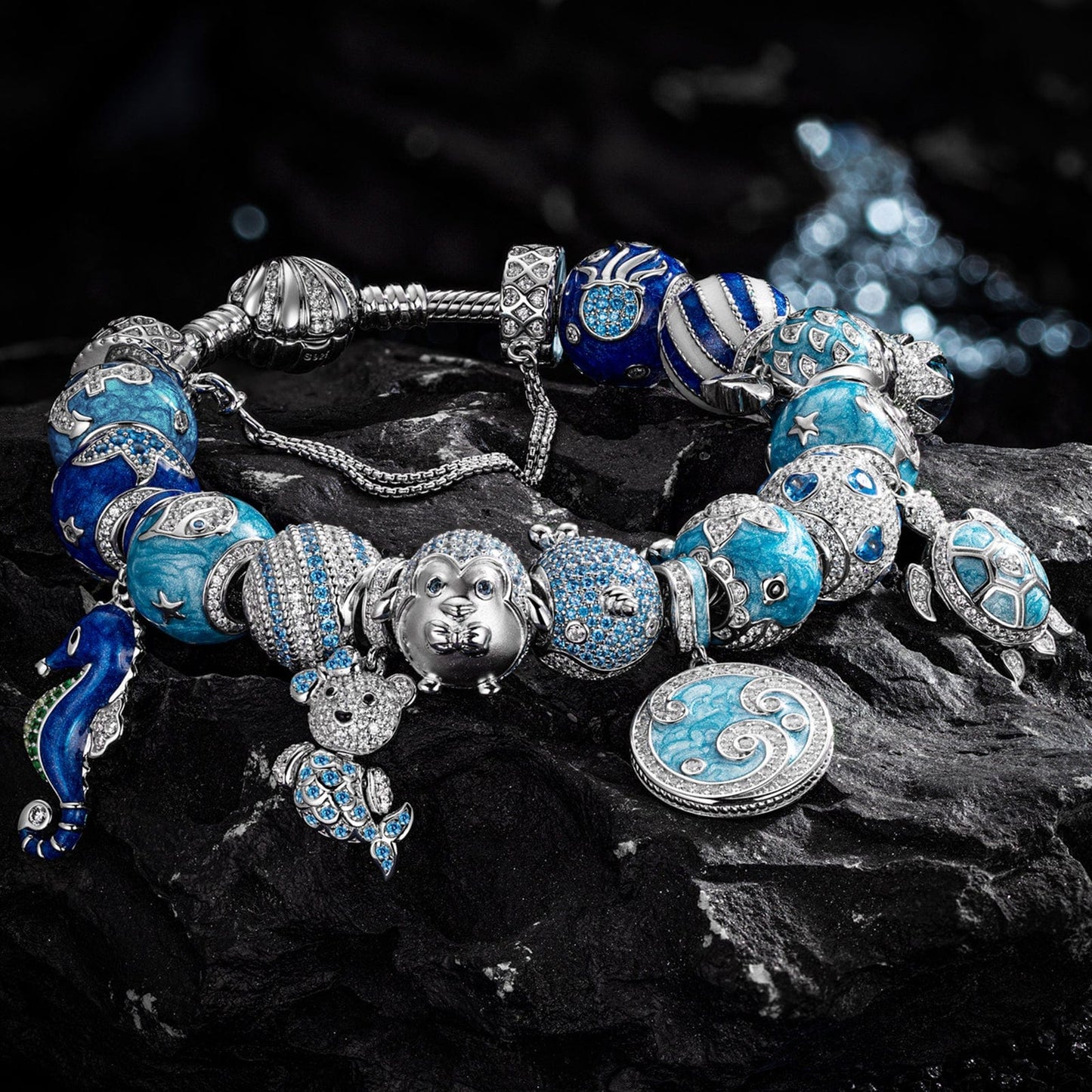 Sterling Silver Exploring the Underwater World Charms Bracelet Set With Enamel In White Gold Plated