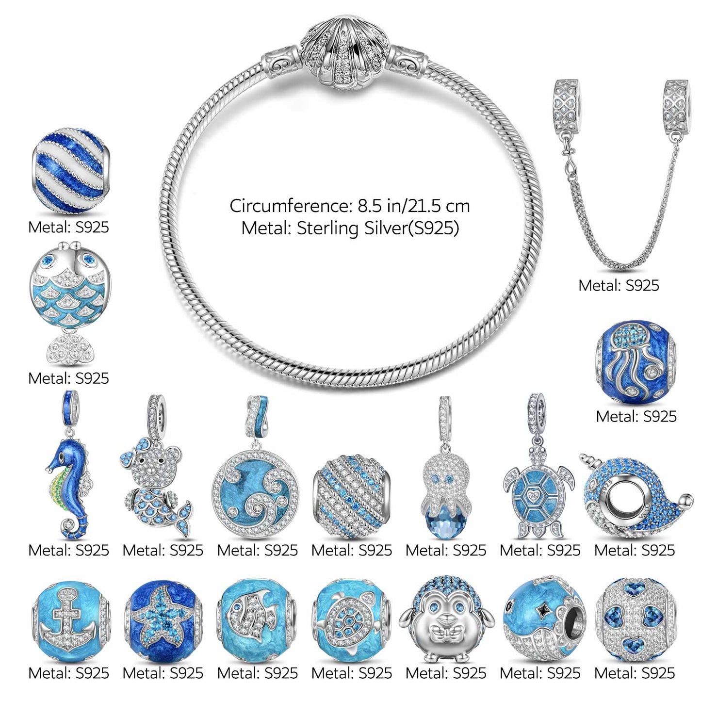 Sterling Silver Exploring the Underwater World Charms Bracelet Set With Enamel In White Gold Plated