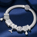Sterling Silver Mermaid's Trove Rectangular Charms Bracelet Set In White Gold Plated