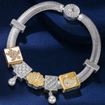 Sterling Silver Seashell Fantasy Rectangular Charms Bracelet Set, Featuring Dual Plating in 14K Gold and White Gold