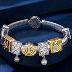 Sterling Silver Seashell Fantasy Rectangular Charms Bracelet Set, Featuring Dual Plating in 14K Gold and White Gold