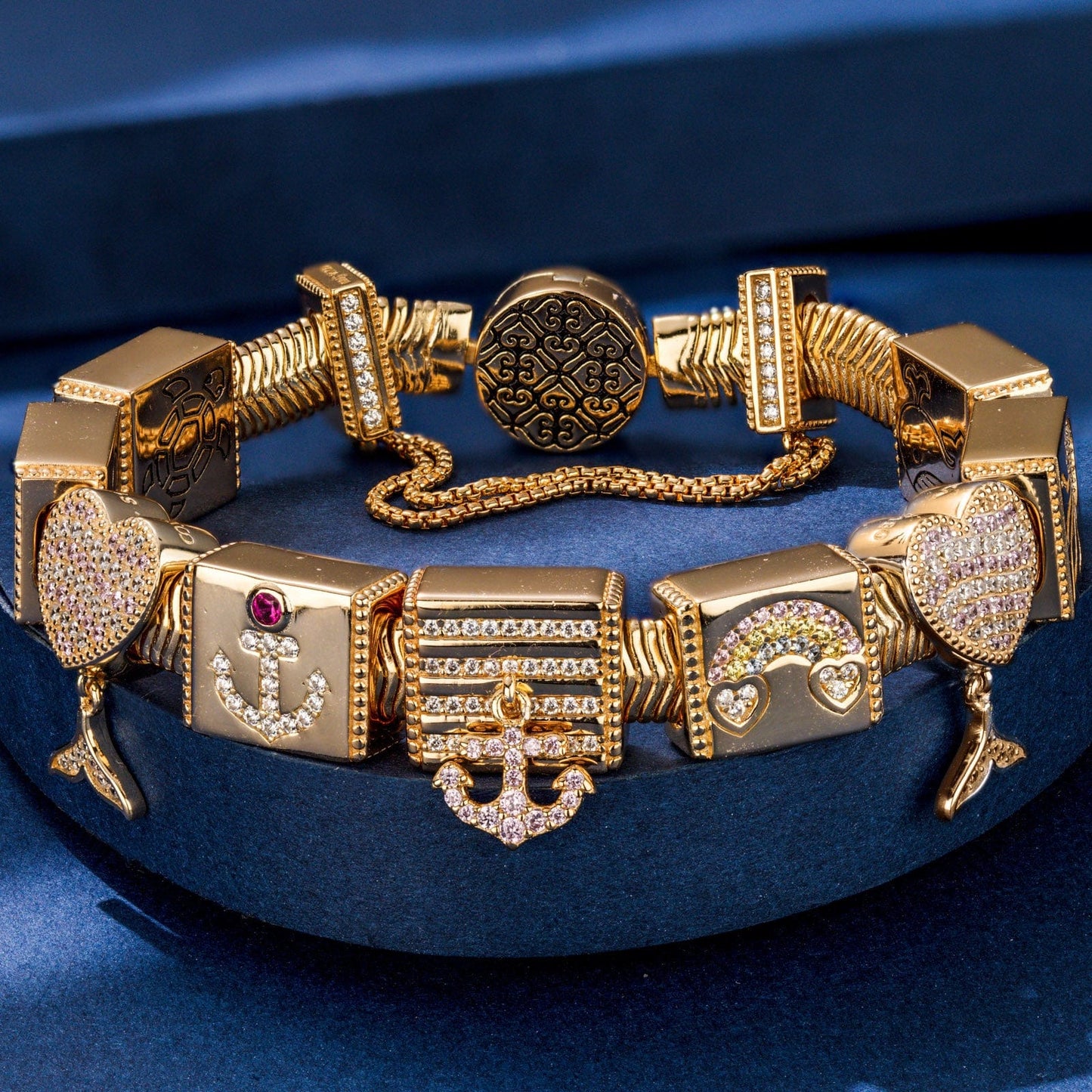 Sterling Silver Enchanted Undersea Rectangular Charms Bracelet Set In 14K Gold Plated