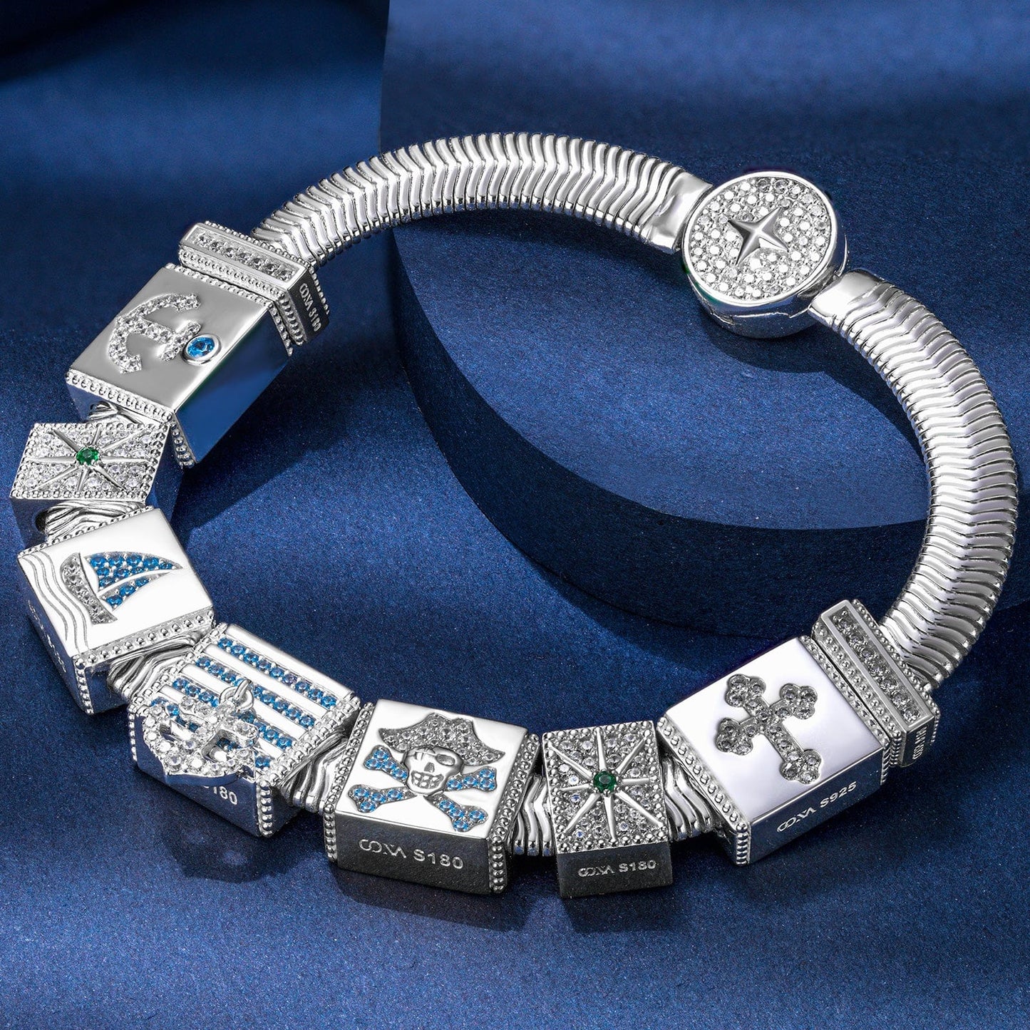Sterling Silver Pirate's Expedition Rectangular Charms Bracelet Set In White Gold Plated