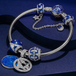 Sterling Silver Eiffel Tower Charms Bracelet Set With Enamel In White Gold Plated