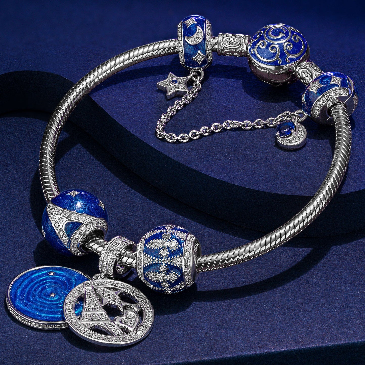 Sterling Silver Eiffel Tower Charms Bracelet Set With Enamel In White Gold Plated
