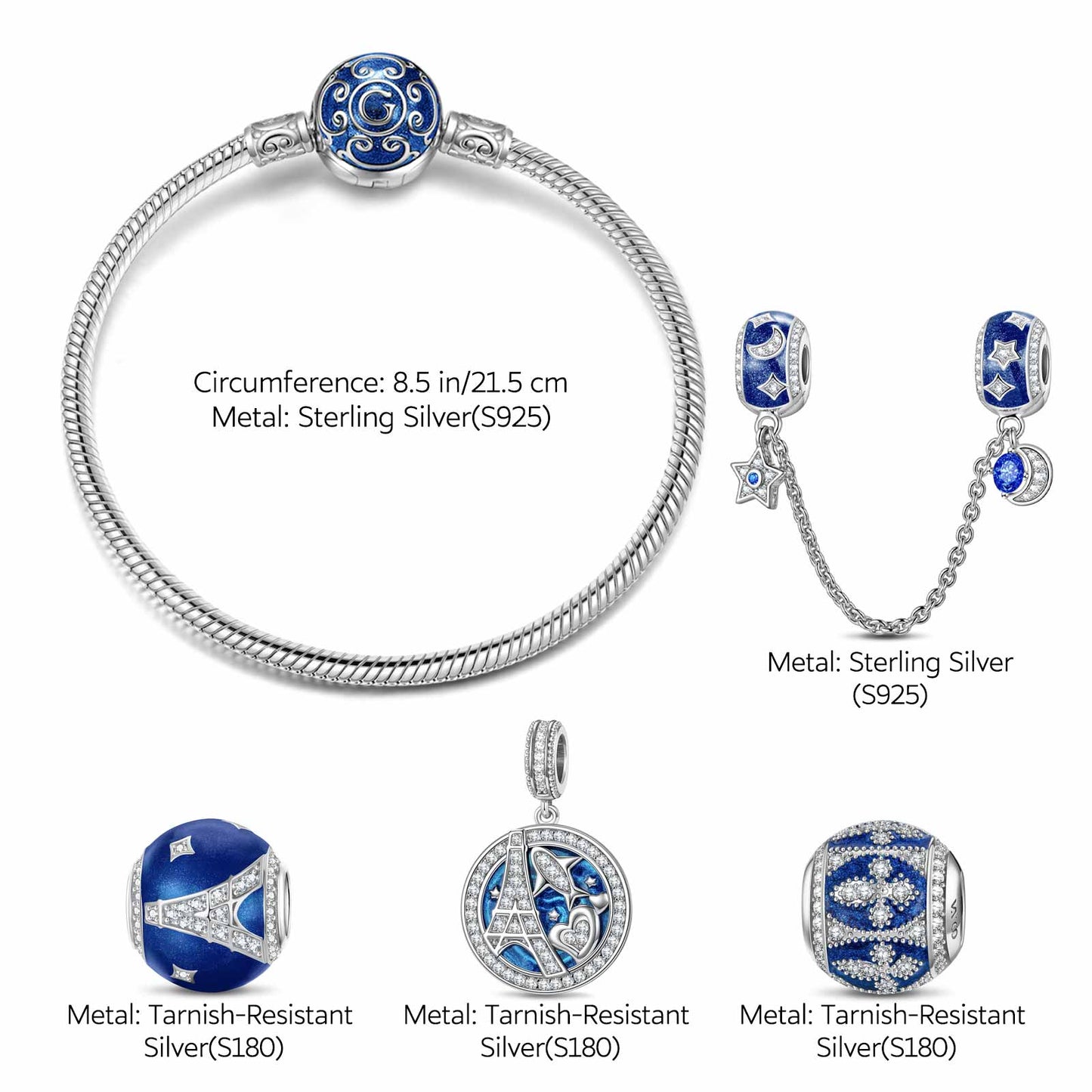 Sterling Silver Eiffel Tower Charms Bracelet Set With Enamel In White Gold Plated