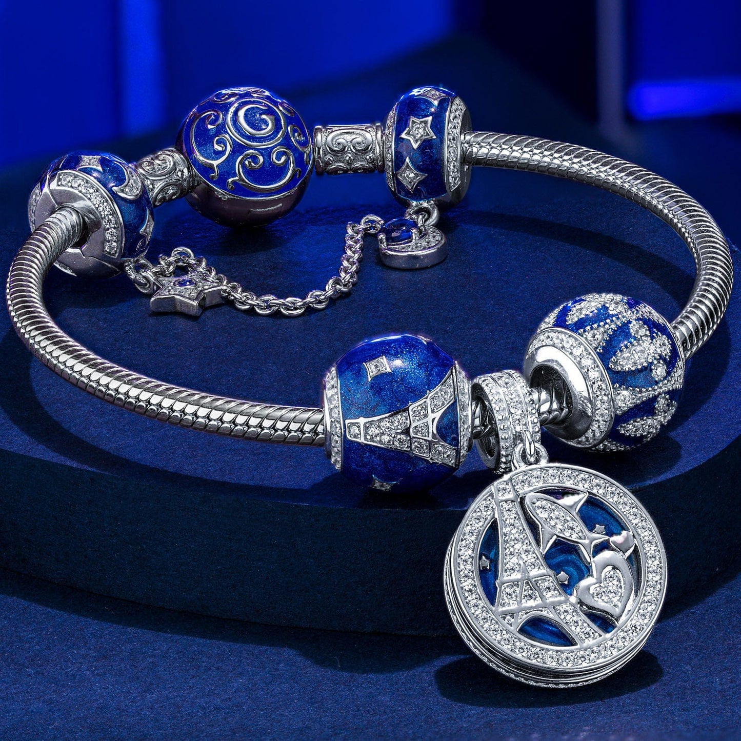 Sterling Silver Eiffel Tower Charms Bracelet Set With Enamel In White Gold Plated