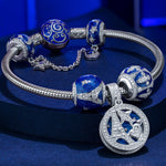 Sterling Silver Eiffel Tower Charms Bracelet Set With Enamel In White Gold Plated