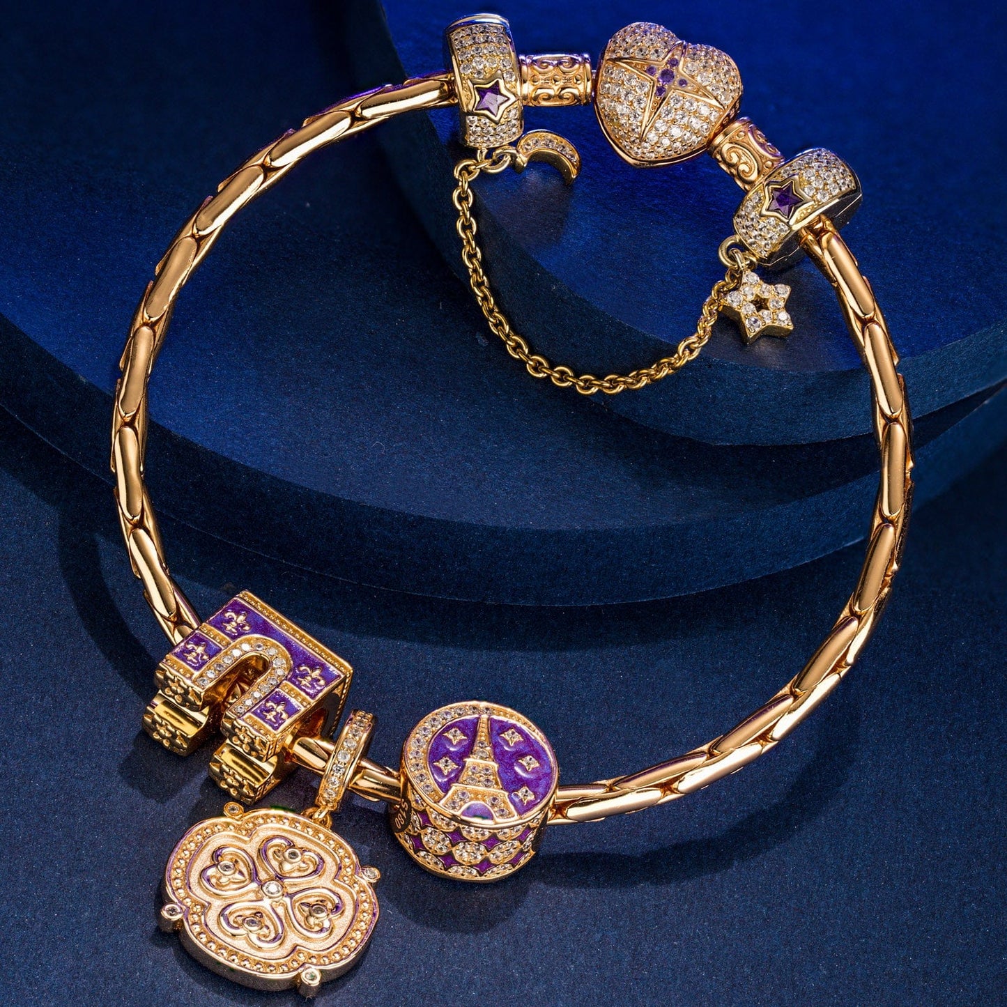 Sterling Silver Majestic Triumphal Arch Charms Bracelet Set With Enamel In 14K Gold Plated