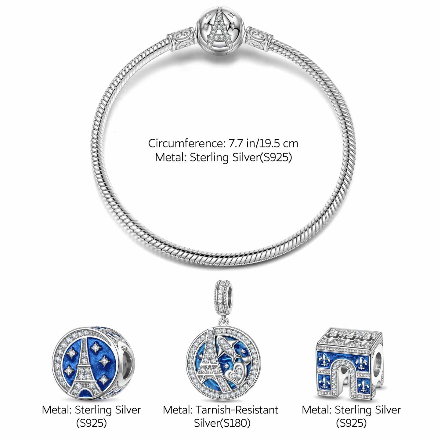 Sterling Silver Poetic Paris Charms Bracelet Set With Enamel In White Gold Plated