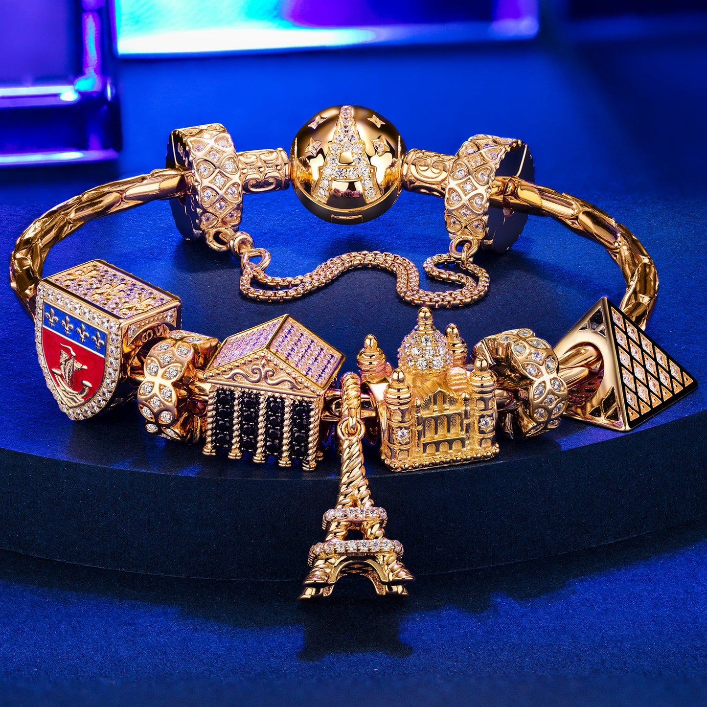 Sterling Silver Romance City Charms Bracelet Set With Enamel In 14K Gold Plated