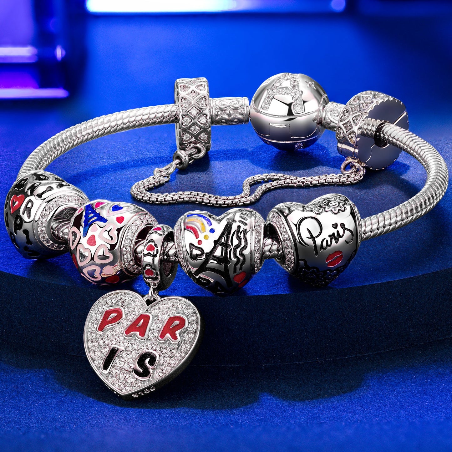 Sterling Silver City of Love Charms Bracelet Set With Enamel In White Gold Plated