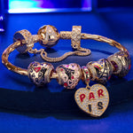 Sterling Silver City of Love Charms Bracelet Set With Enamel In 14K Gold Plated