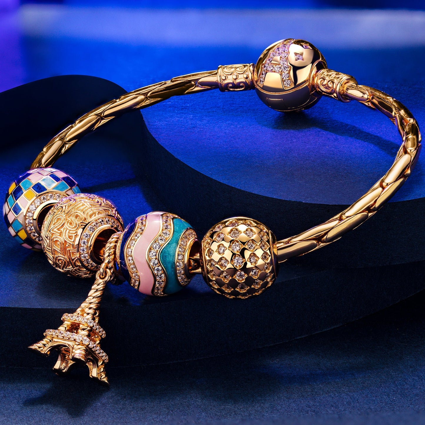Sterling Silver Dreamy Kaleidoscope Charms Bracelet Set With Enamel In 14K Gold Plated