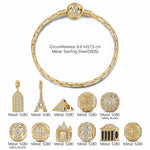 Sterling Silver Golden Paris Charms Bracelet Set In 14K Gold Plated