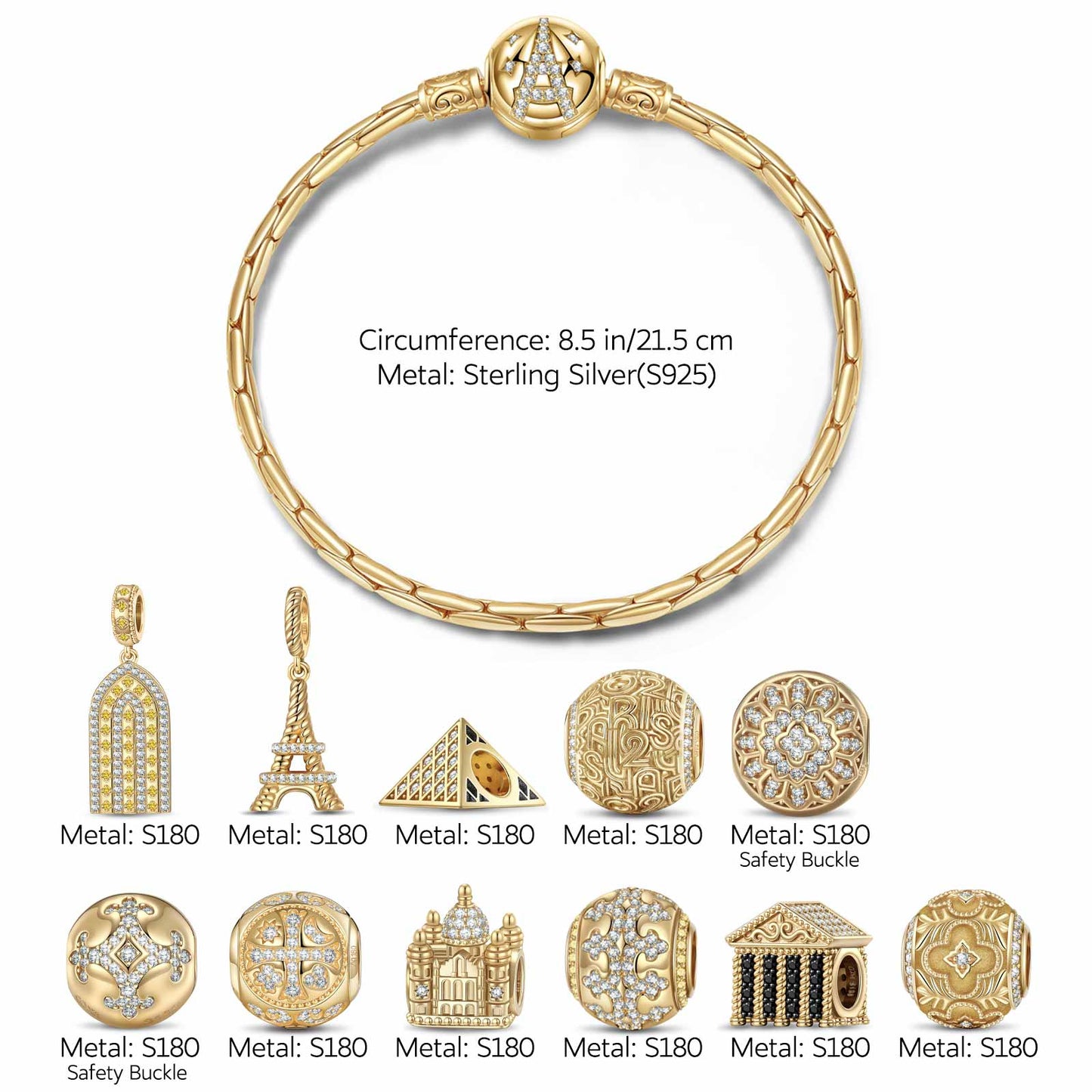 Sterling Silver Golden Paris Charms Bracelet Set In 14K Gold Plated