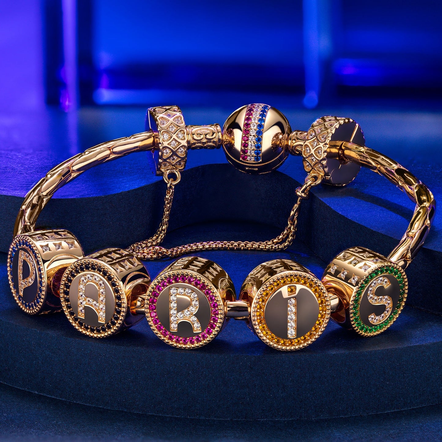 Sterling Silver Paris Soul Charms Bracelet Set In 14K Gold Plated