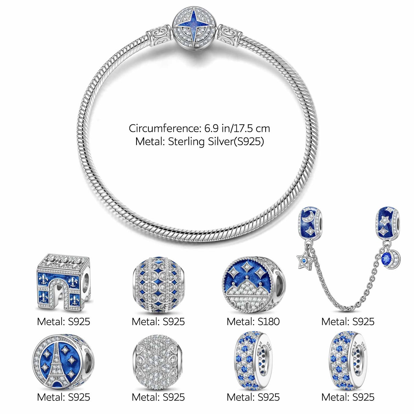 Sterling Silver Brilliant Azure Charms Bracelet Set With Enamel In White Gold Plated