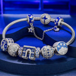 Sterling Silver Brilliant Azure Charms Bracelet Set With Enamel In White Gold Plated