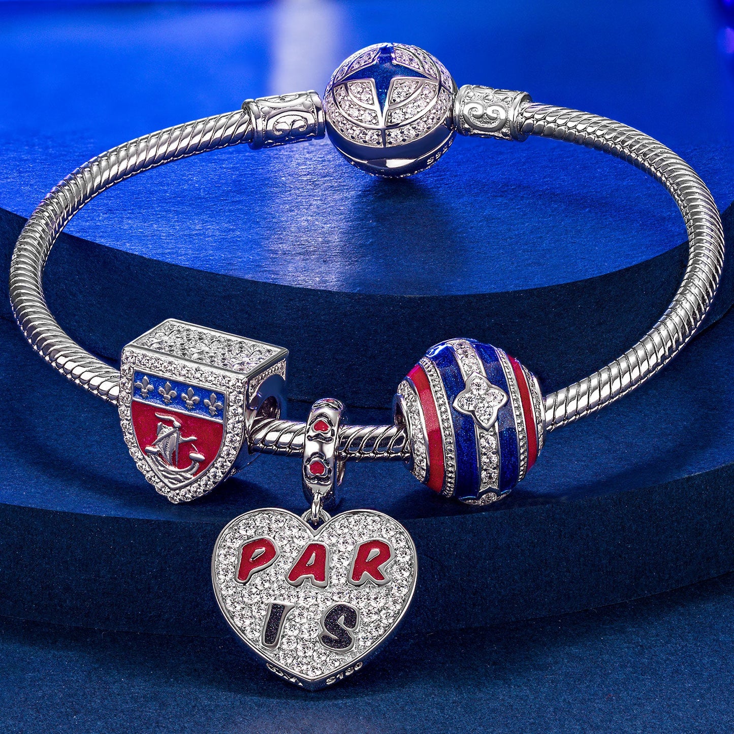 Sterling Silver Romance Magic Charms Bracelet Set With Enamel In White Gold Plated