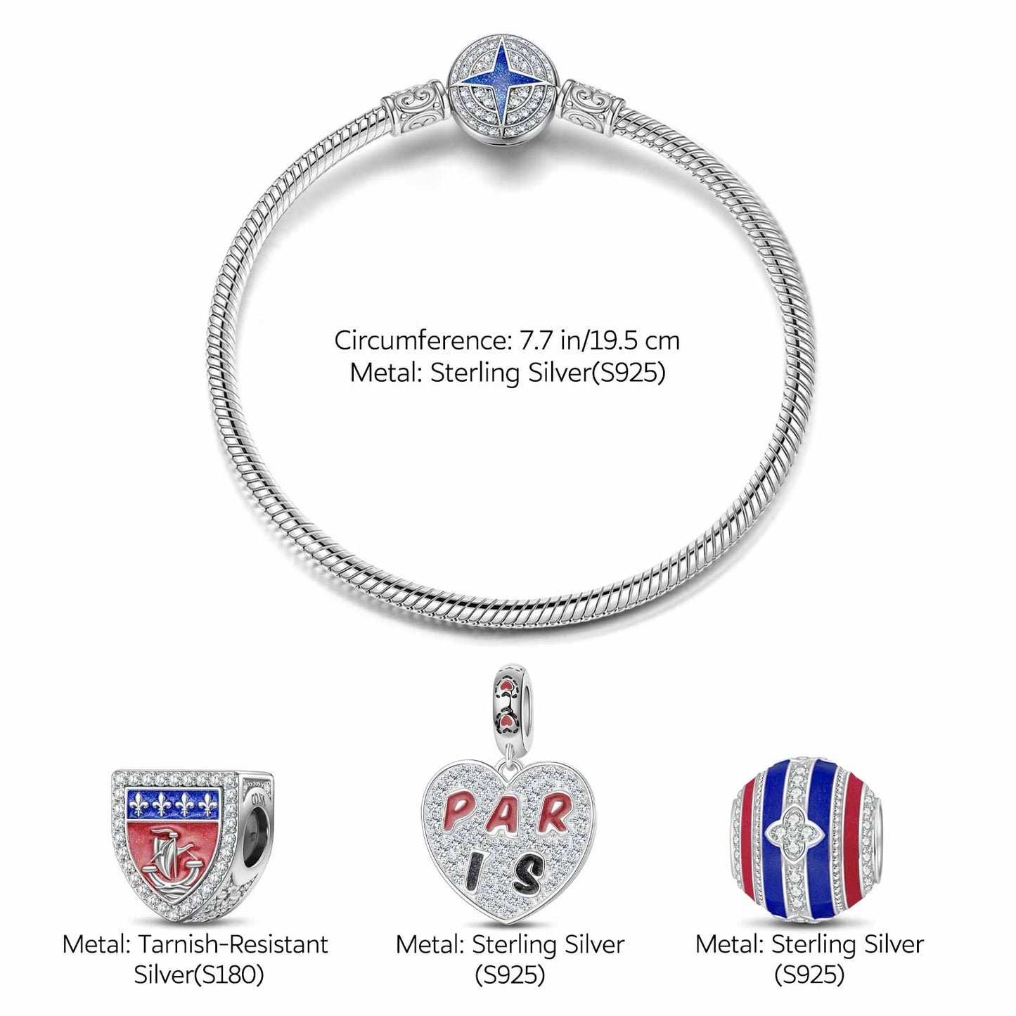 Sterling Silver Romance Magic Charms Bracelet Set With Enamel In White Gold Plated