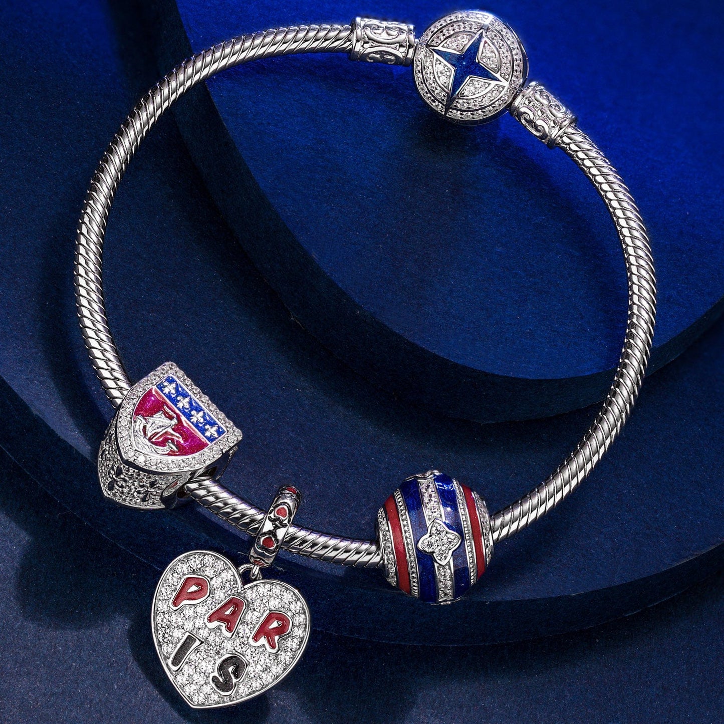 Sterling Silver Romance Magic Charms Bracelet Set With Enamel In White Gold Plated