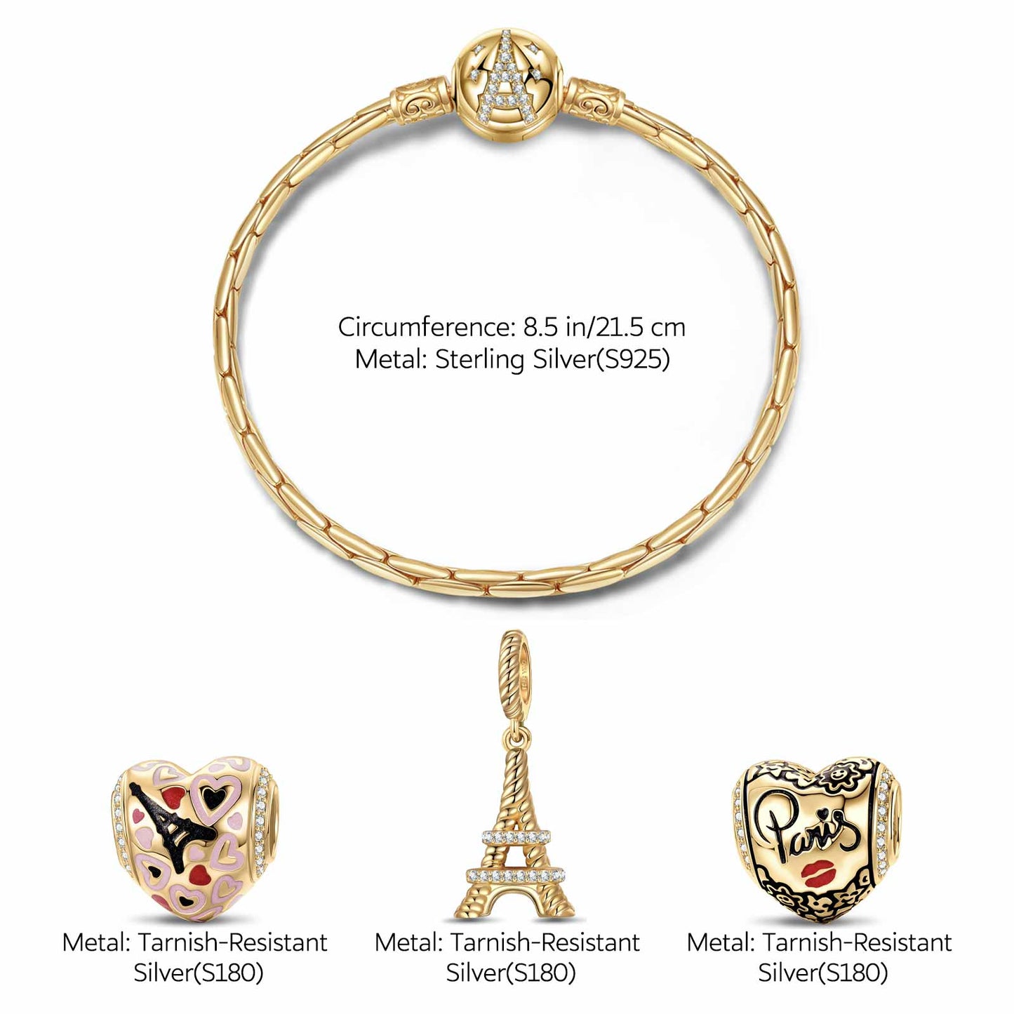 Sterling Silver Heart And Soul Charms Bracelet Set With Enamel In 14K Gold Plated