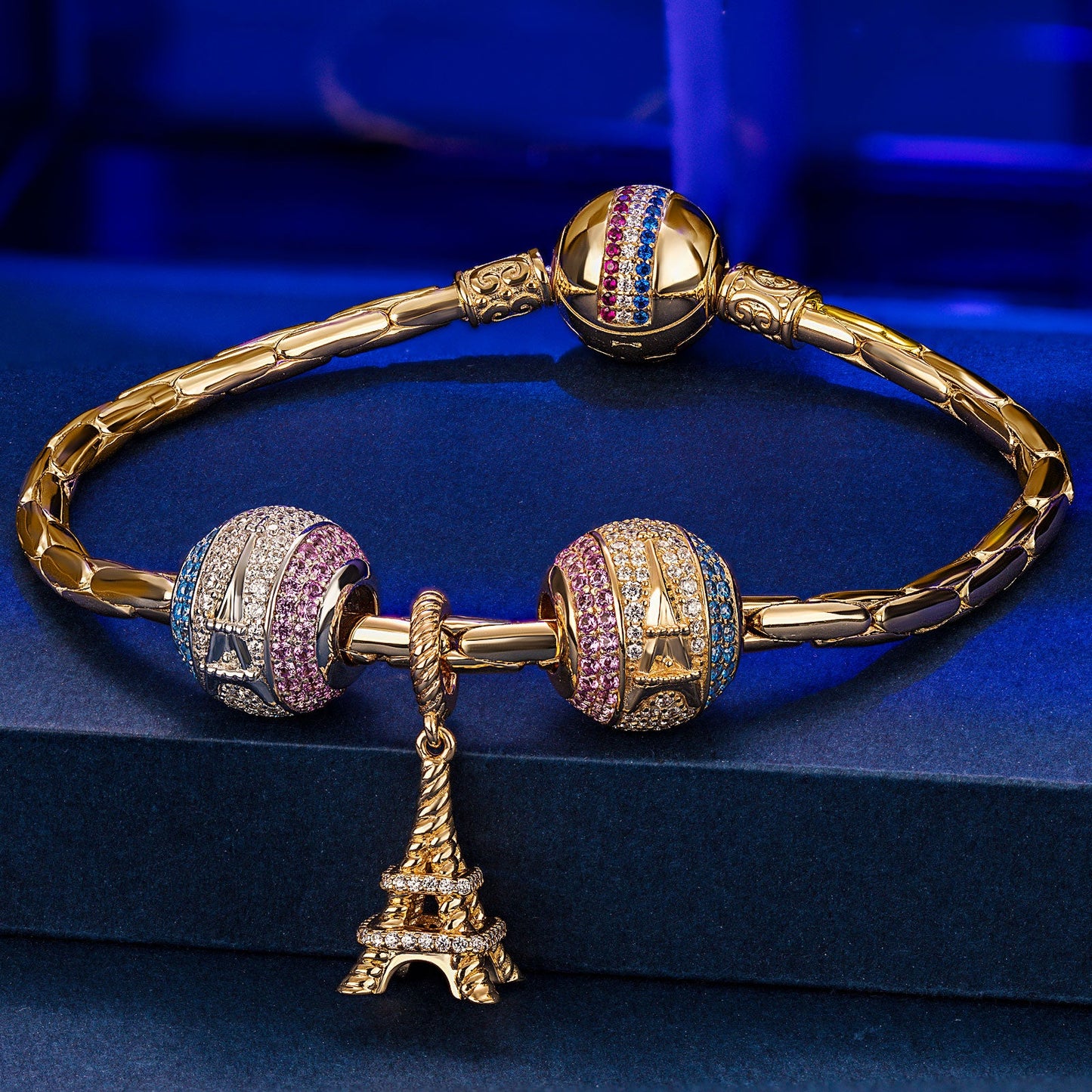 Sterling Silver Paris Symbol Charms Bracelet Set, Featuring Dual Plating in 14K Gold and White Gold