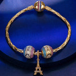 Sterling Silver Paris Symbol Charms Bracelet Set, Featuring Dual Plating in 14K Gold and White Gold