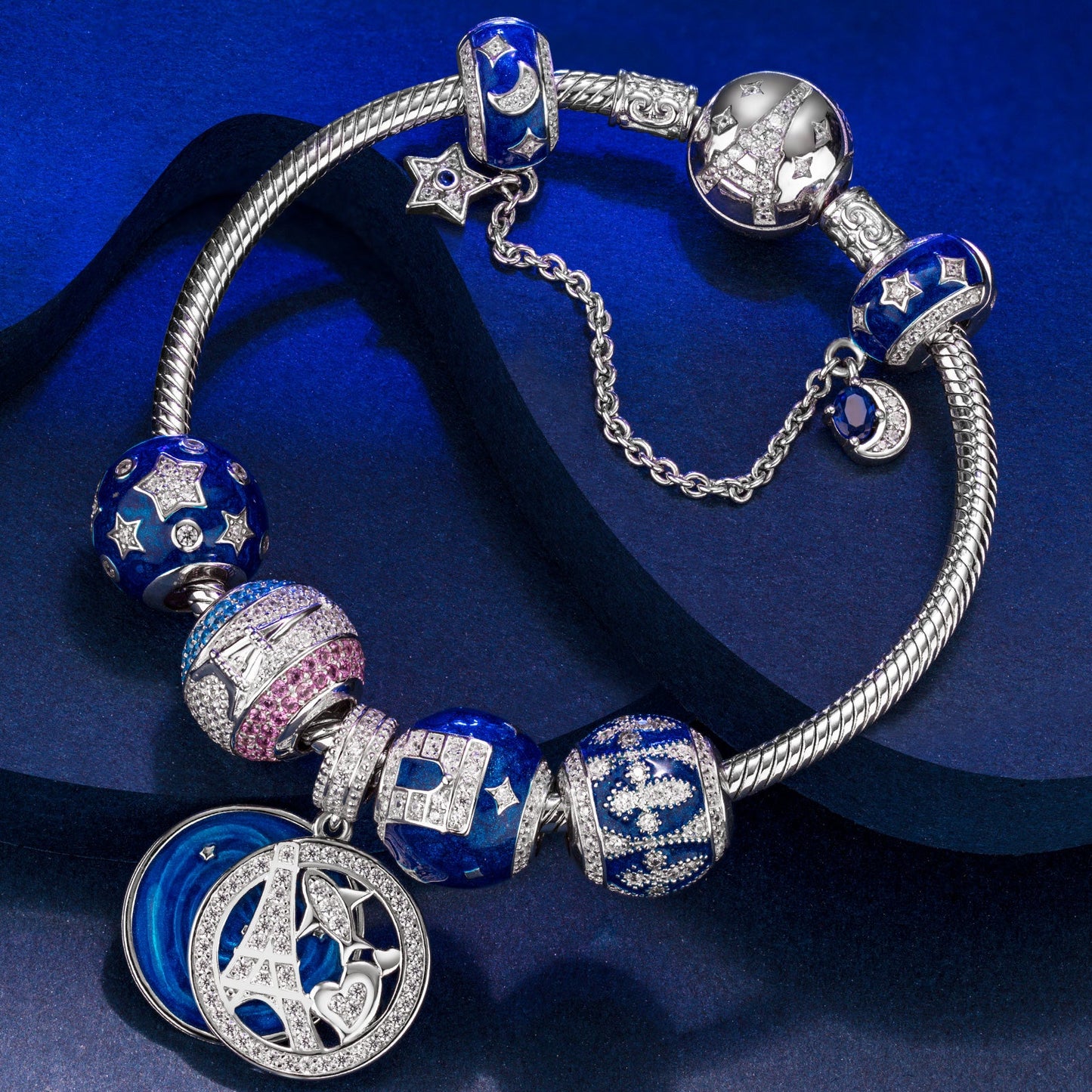 Sterling Silver Majestic Silhouette Charms Bracelet Set With Enamel In White Gold Plated