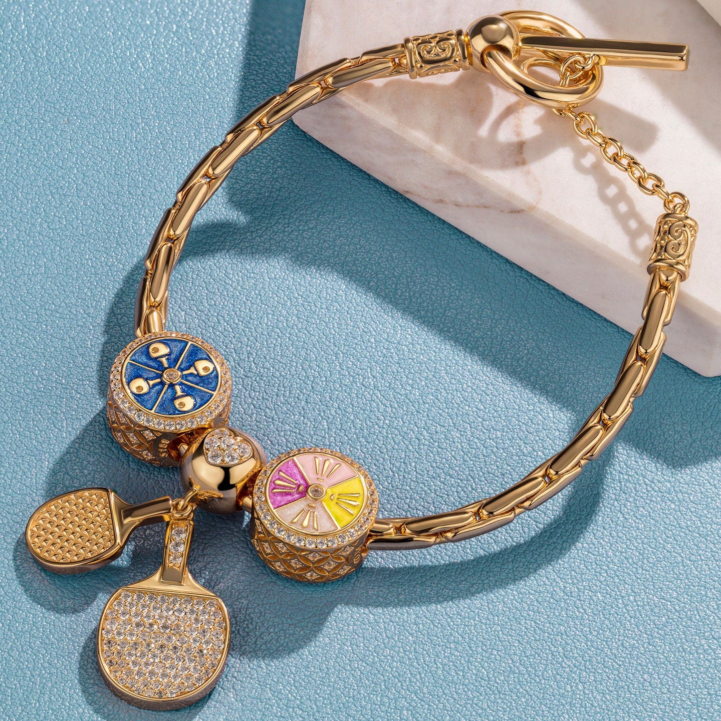 Sterling Silver Gold Ping Pong Charms Bracelet Set With Enamel In 14K Gold Plated